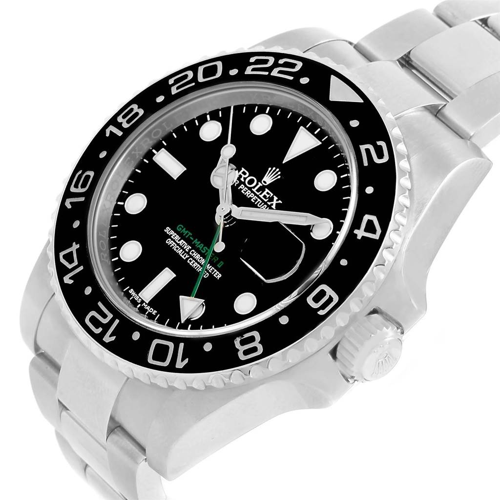 The Rolex GMT-Master 116710 Men
s Stainless Steel Black Dial 116710 Men
s Stainless Steel Black Dial watch is shown at an angle displaying the face, bezel, crown, and part of the bracelet.
