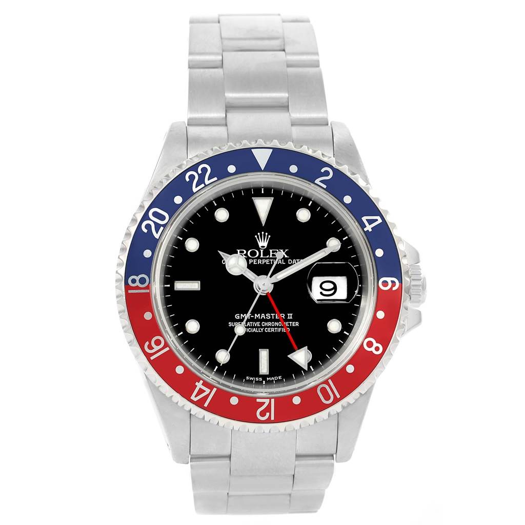 The Rolex GMT-Master 16710 Men's Stainless Steel Black Dial 16710 Men's Stainless Steel Black Dial watch is shown from a front angle, showcasing the bezel, dial, and bracelet.
