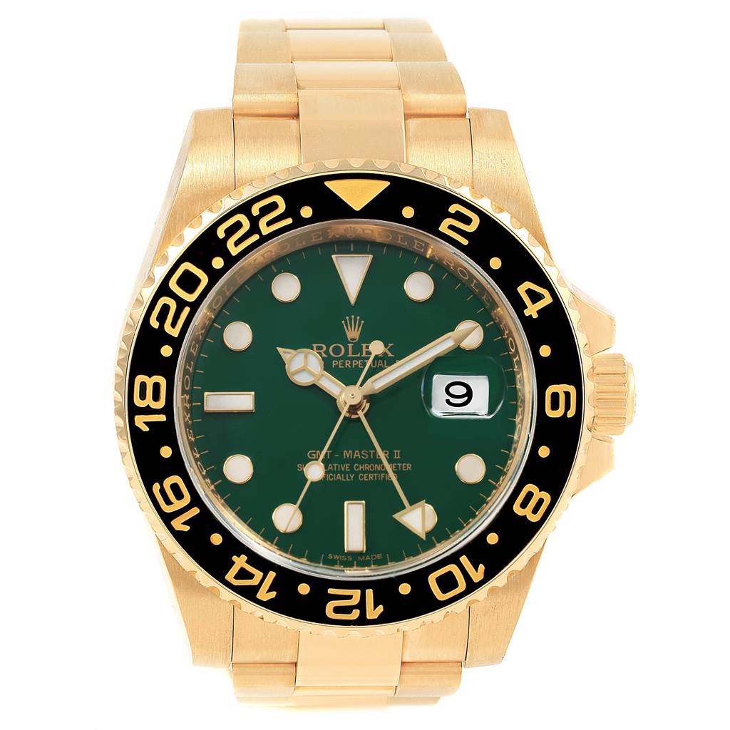 The image shows a front view of a Rolex GMT-Master 116718 Men's Yellow Gold Green Dial 116718 Men's Yellow Gold Green Dial II watch with a gold bracelet, black bezel, and green dial.