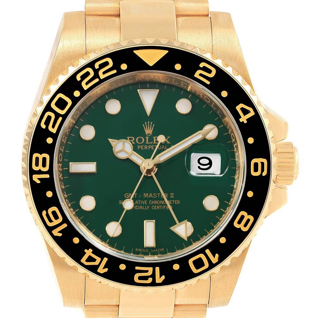 This image shows the front view of a Rolex GMT-Master 116718 Men's Yellow Gold Green Dial 116718 Men's Yellow Gold Green Dial II watch, featuring its green dial, gold case, and black bezel with yellow-gold accents.