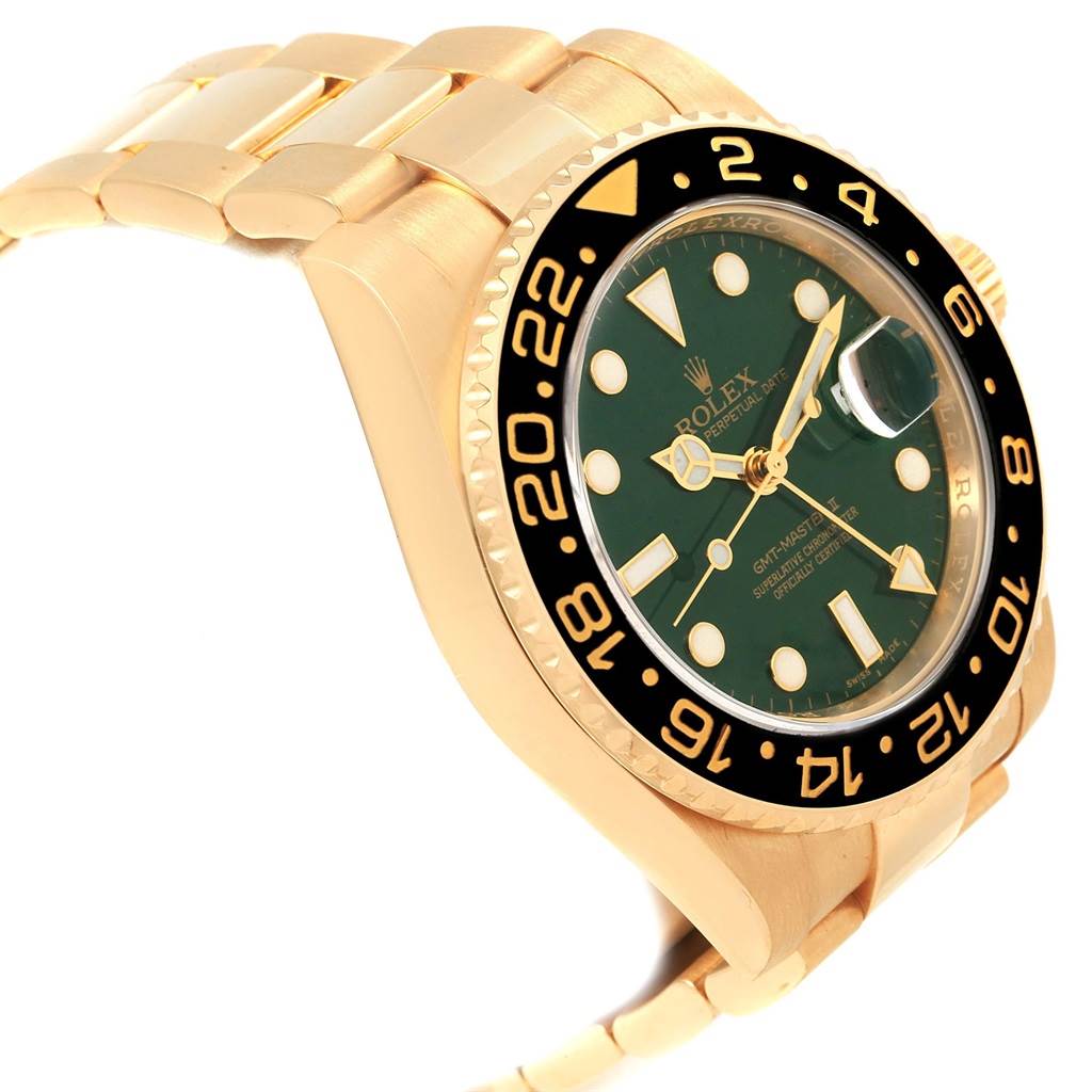 The image shows a side angle view of a Rolex GMT-Master 116718 Men's Yellow Gold Green Dial 116718 Men's Yellow Gold Green Dial model watch, highlighting its green dial, gold case, and black bezel.