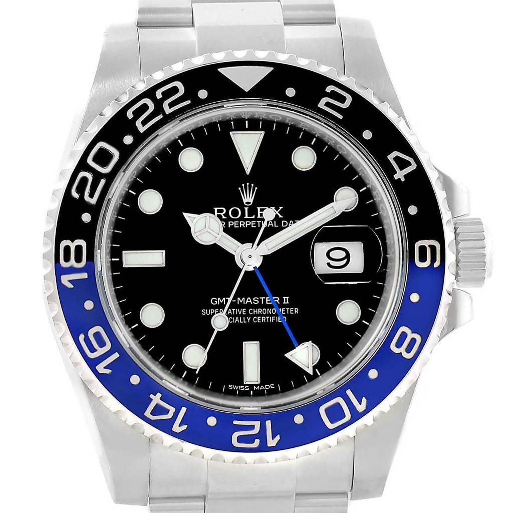 The image shows a front view of a Rolex GMT-Master 116710 Men's Stainless Steel Black Dial 116710 Men's Stainless Steel Black Dial II watch, highlighting the dial, bezel, and part of the bracelet.