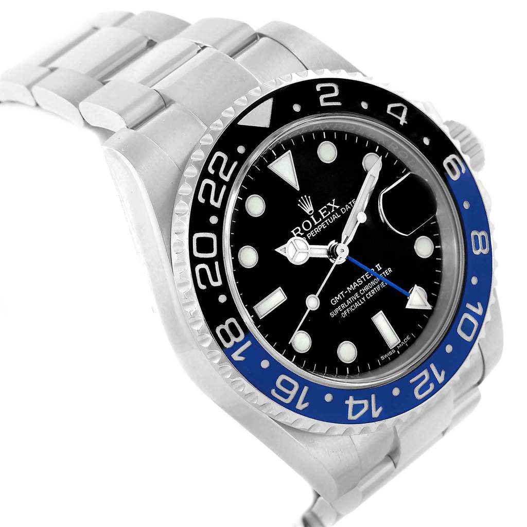 The image shows a Rolex GMT-Master 116710 Men's Stainless Steel Black Dial 116710 Men's Stainless Steel Black Dial II watch from a three-quarter angle, highlighting its bezel, dial, and bracelet.