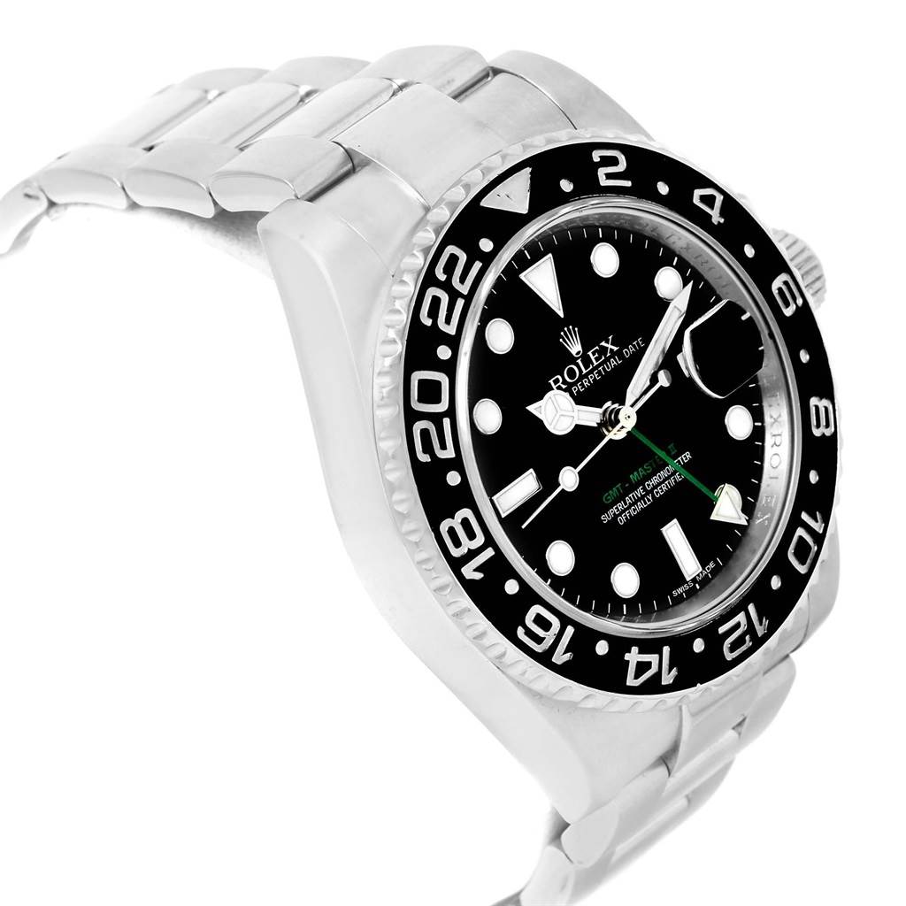 The Rolex GMT-Master 116710 Men's Stainless Steel Black Dial 116710 Men's Stainless Steel Black Dial watch is shown at a slight side angle, highlighting its bezel, dial, and part of the bracelet.