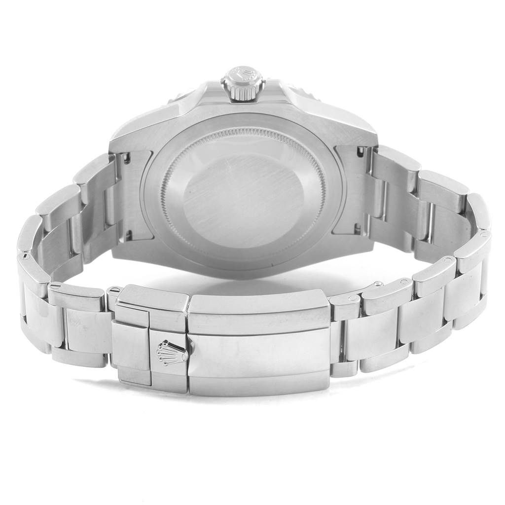 The image shows the back view of a Rolex GMT-Master 116710 Men's Stainless Steel Black Dial 116710 Men's Stainless Steel Black Dial watch, highlighting its stainless steel case and bracelet with a clasp.