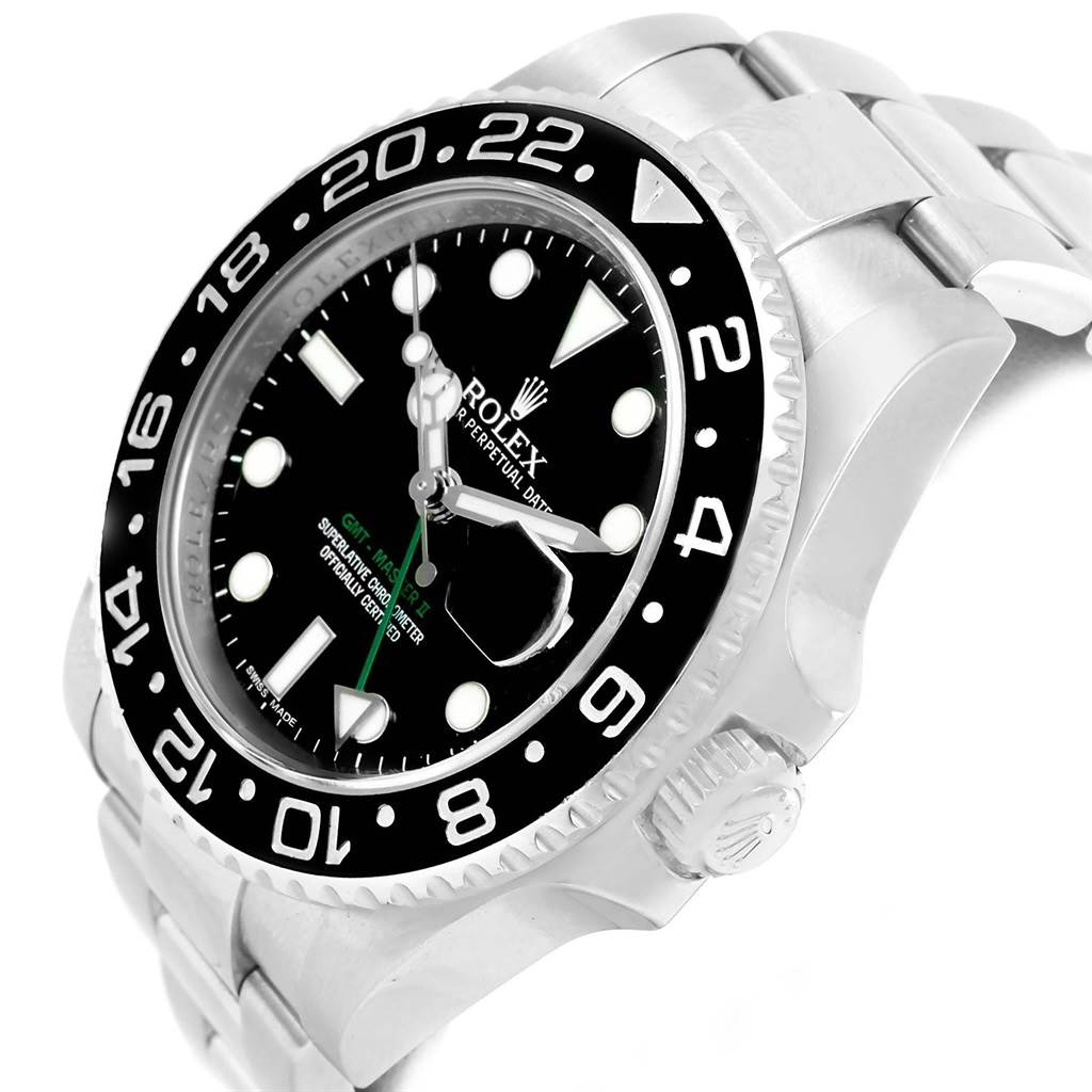 This image shows a side angle of a Rolex GMT-Master 116710 Men's Stainless Steel Black Dial 116710 Men's Stainless Steel Black Dial watch, highlighting the bezel, crown, and part of the bracelet.