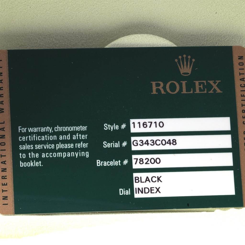 This is a close-up of a warranty card for a Rolex GMT-Master 116710 Men's Stainless Steel Black Dial 116710 Men's Stainless Steel Black Dial, showing the style, serial, bracelet numbers, and dial description.
