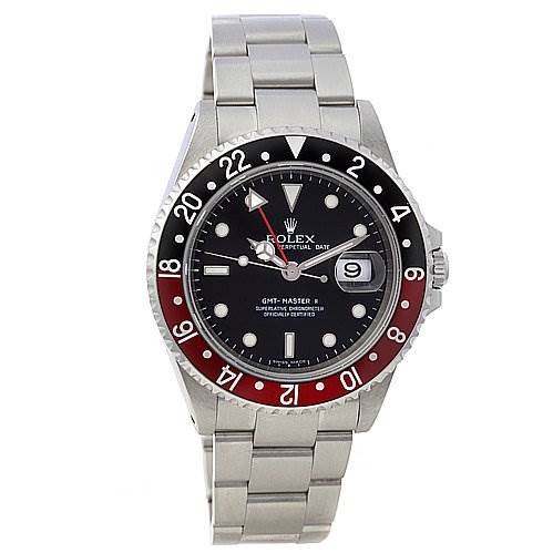 The image shows a front view of a Rolex GMT-Master 16710 Men's Stainless Steel Black Dial 16710 Men's Stainless Steel Black Dial watch, displaying its bezel, dial, hands, bracelet, and date window.