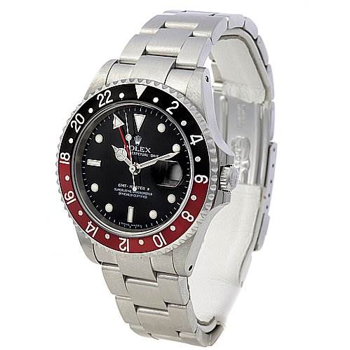 This image shows the front and side angle of a Rolex GMT-Master 16710 Men's Stainless Steel Black Dial 16710 Men's Stainless Steel Black Dial watch, showcasing its bezel, dial, and part of the bracelet.