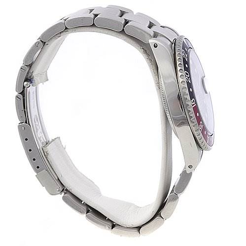 Side view of a Rolex GMT-Master 16710 Men's Stainless Steel Black Dial 16710 Men's Stainless Steel Black Dial watch showing the bracelet, case, and part of the bezel.