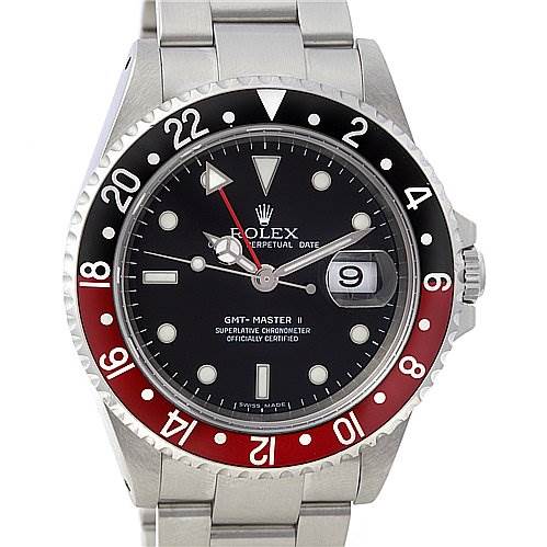 This image shows a front view of the Rolex GMT-Master 16710 Men's Stainless Steel Black Dial 16710 Men's Stainless Steel Black Dial II watch, highlighting the dial, bezel, and bracelet.