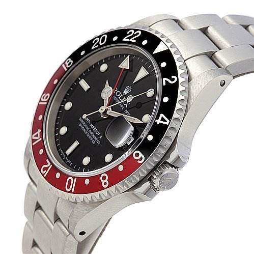 This image shows a side angle of the Rolex GMT-Master 16710 Men's Stainless Steel Black Dial 16710 Men's Stainless Steel Black Dial watch, highlighting the bezel, crown, case, and part of the bracelet.