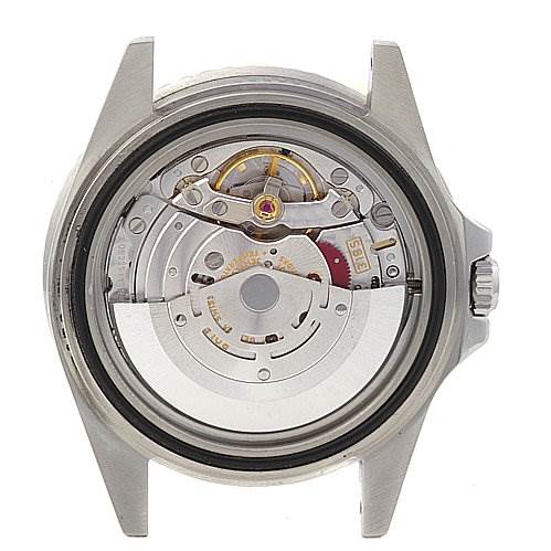 The image shows the back of a Rolex GMT-Master 16710 Men's Stainless Steel Black Dial 16710 Men's Stainless Steel Black Dial watch, revealing the intricate internal movement and mechanism.