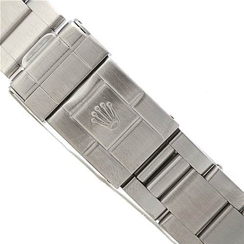 The image shows a close-up of the stainless steel clasp of a Rolex GMT-Master 16710 Men's Stainless Steel Black Dial 16710 Men's Stainless Steel Black Dial watch, featuring the Rolex crown logo.