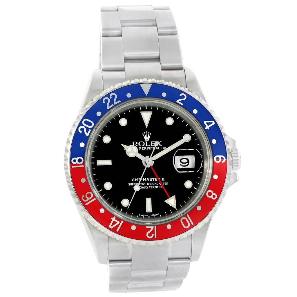 This image shows the front view of a Rolex GMT-Master 16710 Men's Stainless Steel Black Dial 16710 Men's Stainless Steel Black Dial II watch, highlighting the bezel, dial, and bracelet.