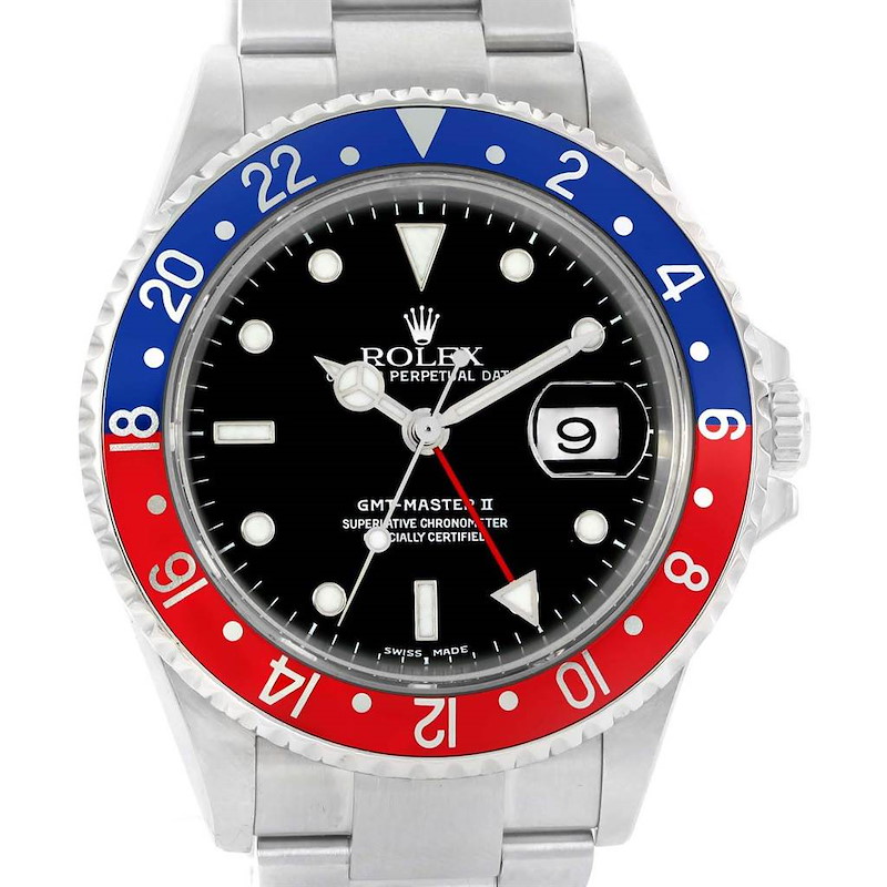 Rolex GMT Master II 40 Blue Red Pepsi Bezel Steel Watch 16710 SwissWatchExpo