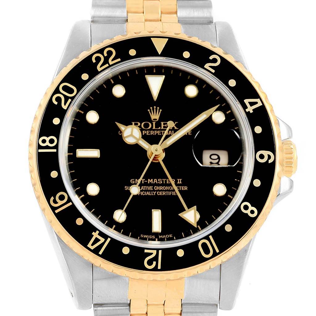 The image shows a front view of a Rolex GMT-Master 16713 Men's Stainless Steel Black Dial 16713 Men's Stainless Steel Black Dial watch, focusing on its dial, bezel, and bracelet.