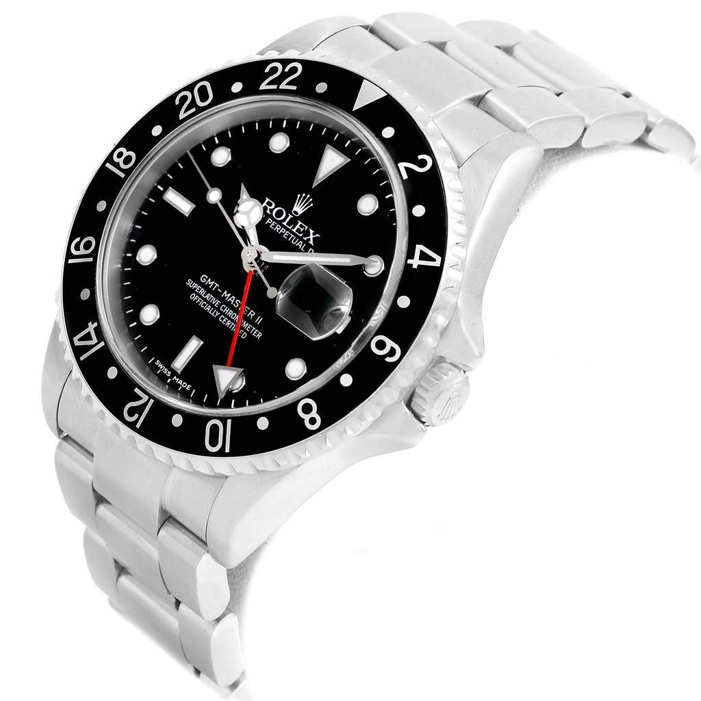 The image shows a front angled view of the Rolex GMT-Master 16710 Men
s Stainless Steel Black Dial 16710 Men
s Stainless Steel Black Dial II watch, highlighting the dial, bezel, and bracelet.