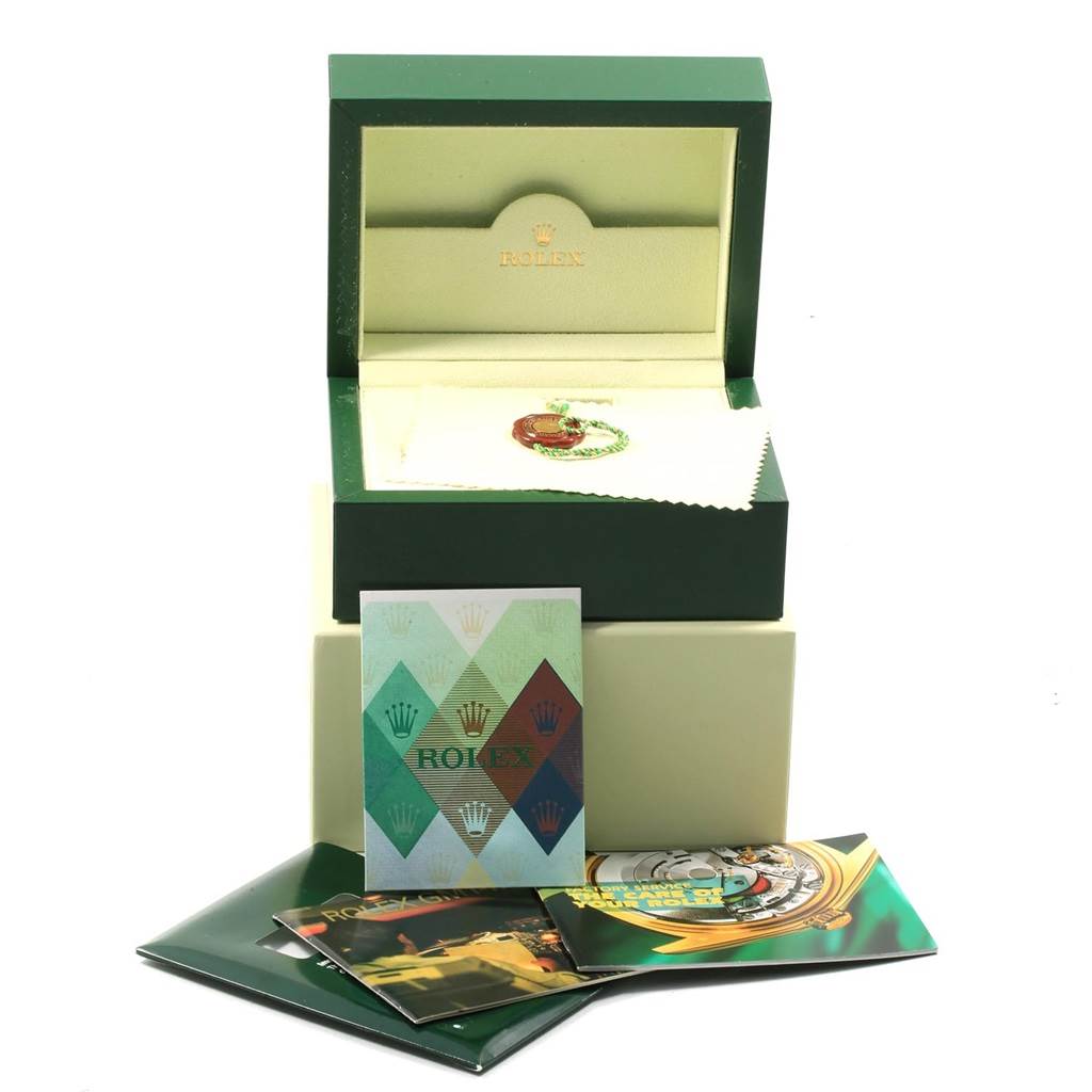 The image shows the accessories for a Rolex GMT-Master 16710 Men
s Stainless Steel Black Dial 16710 Men
s Stainless Steel Black Dial, including the green box, warranty card, manuals, and cloth.