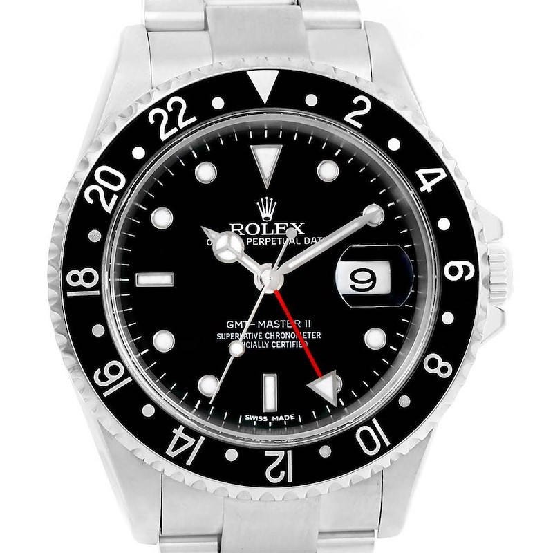 Rolex GMT Master II Black Bezel Mens 40mm Watch 16710 Box Papers SwissWatchExpo