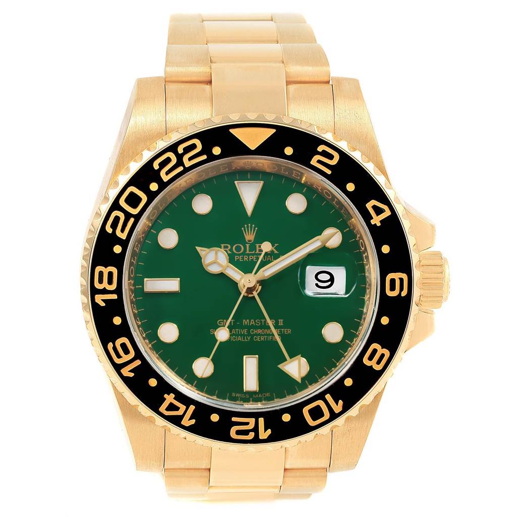The image shows a Rolex GMT-Master 116718LN Men's Yellow Gold Green Dial 116718LN Men's Yellow Gold Green Dial II watch, featuring a full frontal view including the dial, bezel, and bracelet.