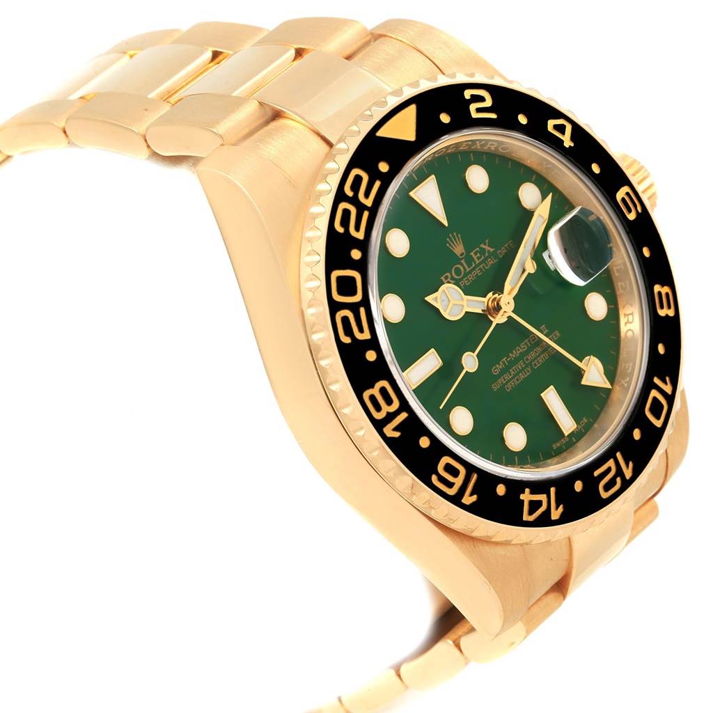 The image shows a side view of a Rolex GMT-Master 116718LN Men's Yellow Gold Green Dial 116718LN Men's Yellow Gold Green Dial watch, highlighting its gold bracelet, green dial, and black bezel.