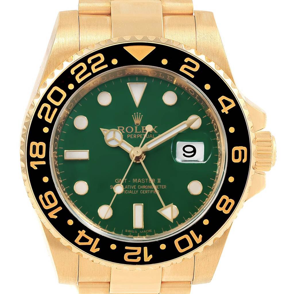 The image shows a frontal view of a Rolex GMT-Master 116718LN Men's Yellow Gold Green Dial 116718LN Men's Yellow Gold Green Dial watch, highlighting the green dial, gold case, and black bezel.