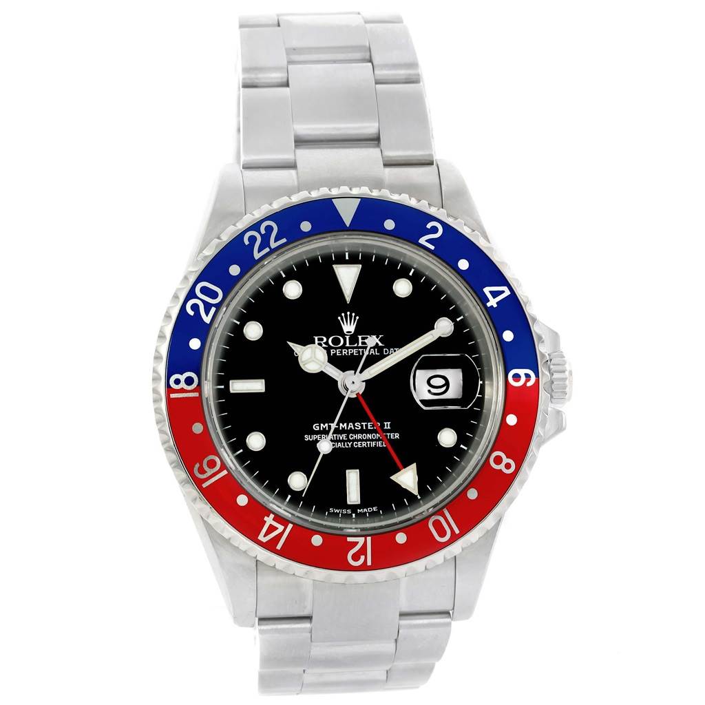 The image shows a front view of a Rolex GMT-Master 16710 Men's Stainless Steel Black Dial 16710 Men's Stainless Steel Black Dial II watch with a black dial and a red-and-blue bezel.
