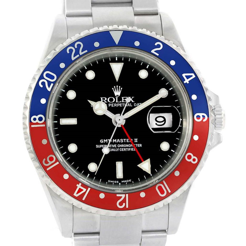 Rolex GMT Master II Blue Red Pepsi Bezel Steel Watch 16710 Box Papers SwissWatchExpo