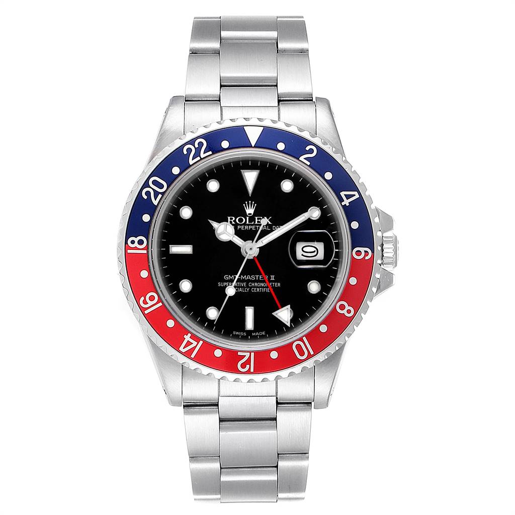 This image shows a front view of a Rolex GMT-Master 16760 Men's Stainless Steel Black Dial 16760 Men's Stainless Steel Black Dial II watch, featuring a stainless steel band and a red and blue bezel.
