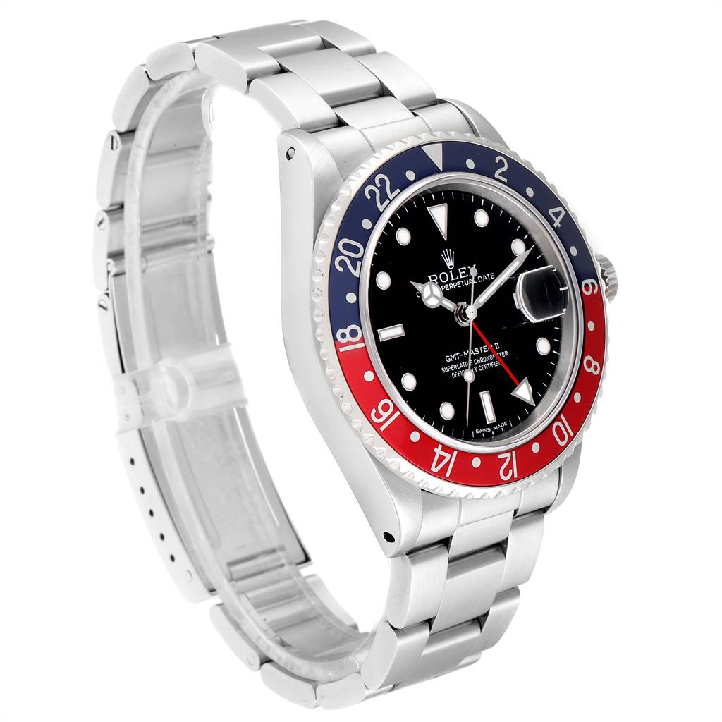 The Rolex GMT-Master 16760 Men's Stainless Steel Black Dial 16760 Men's Stainless Steel Black Dial watch is shown at a three-quarter angle, showcasing the bezel, dial, bracelet, and clasp.