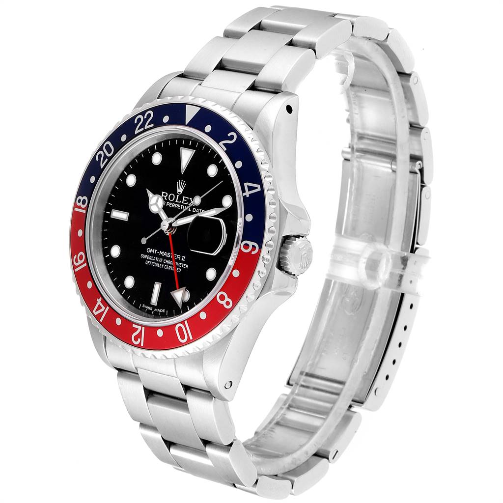 The image shows a Rolex GMT-Master 16760 Men's Stainless Steel Black Dial 16760 Men's Stainless Steel Black Dial II watch at an oblique angle, highlighting its bezel, dial, and bracelet.