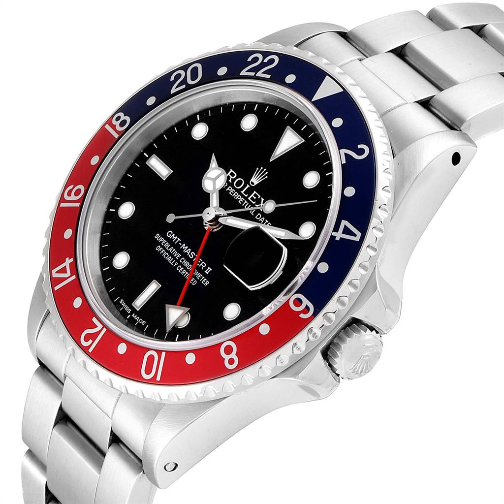 This image shows a side-angle view of the Rolex GMT-Master 16760 Men's Stainless Steel Black Dial 16760 Men's Stainless Steel Black Dial II watch, highlighting the bezel, dial, and bracelet.