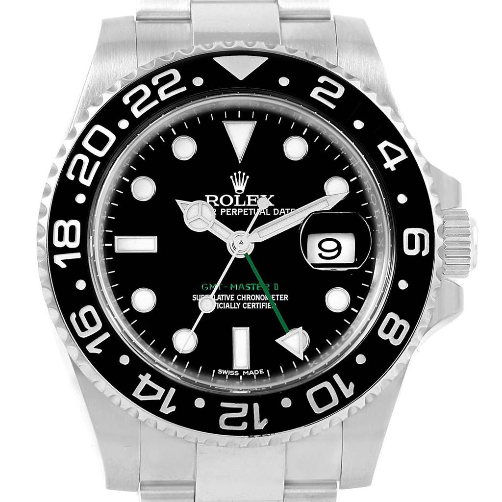 The image shows a front view of the Rolex GMT-Master 116710 Men's Stainless Steel Black Dial 116710 Men's Stainless Steel Black Dial II watch, featuring its black dial, date window, and bezel with a 24-hour scale.