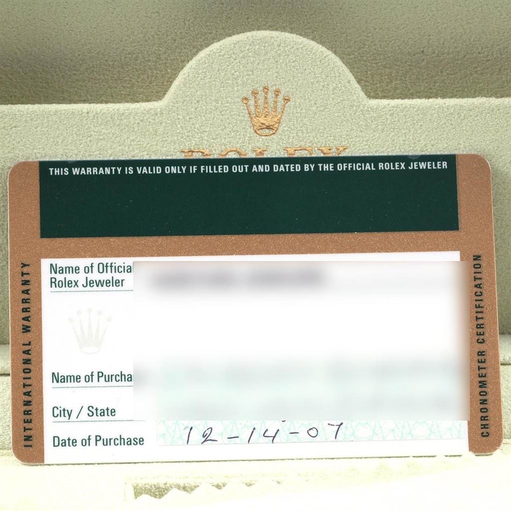 This image shows the warranty card for a Rolex GMT-Master 116710 Men's Stainless Steel Black Dial 116710 Men's Stainless Steel Black Dial watch, including authentication details and purchase information.