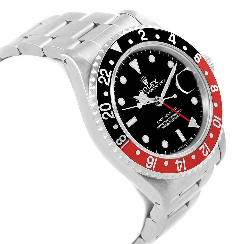 This Rolex GMT-Master 16700 Men's Stainless Steel Black Dial 16700 Men's Stainless Steel Black Dial watch is shown at a slight side angle, displaying the dial, bezel, crown, and bracelet.