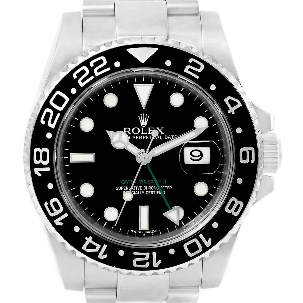 This image shows a front view of the Rolex GMT-Master 116710 Men's Stainless Steel Black Dial 116710 Men's Stainless Steel Black Dial watch, highlighting the dial, bezel, crown, and bracelet.