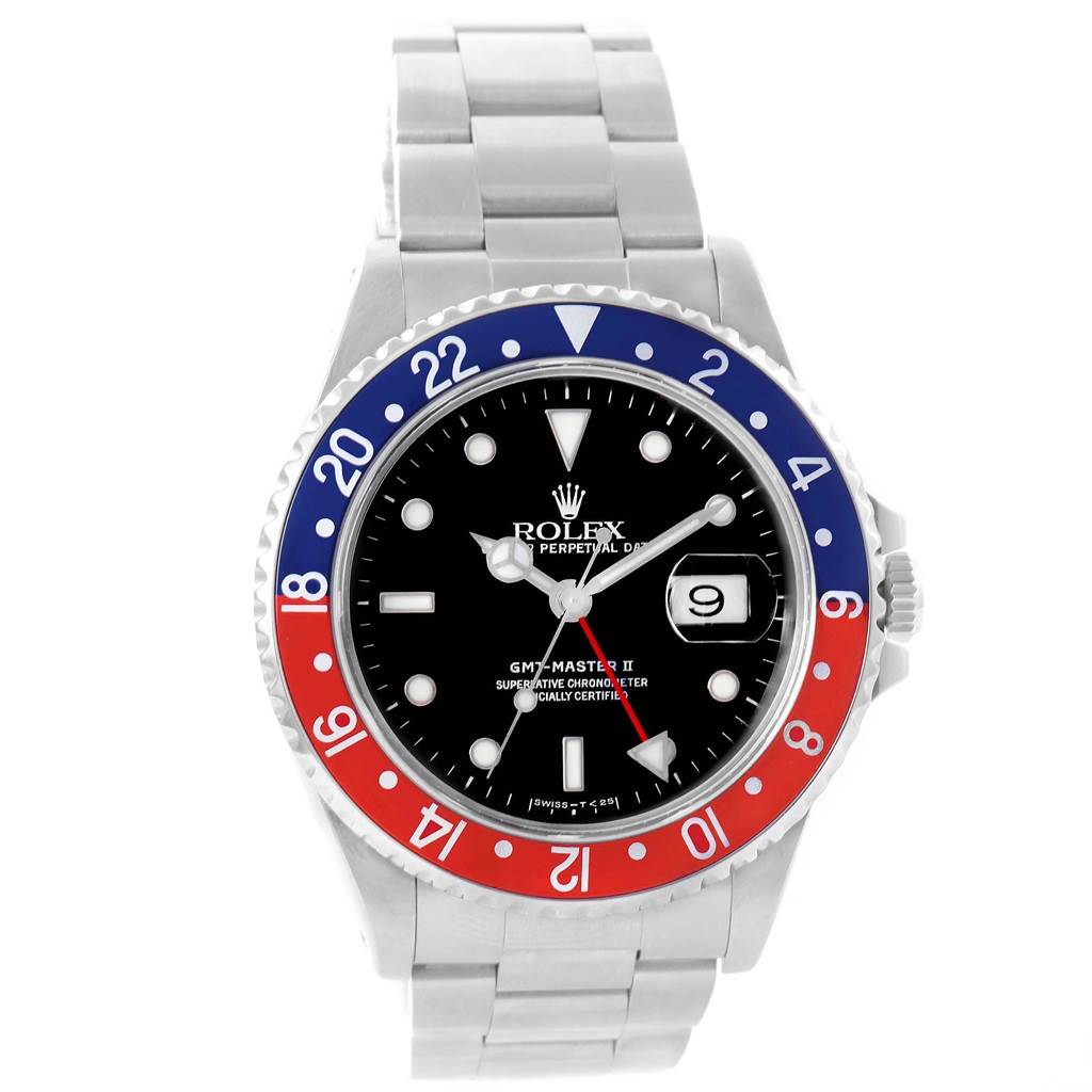 This image shows a front view of a Rolex GMT-Master 16710 Men's Stainless Steel Black Dial 16710 Men's Stainless Steel Black Dial II watch, displaying the bezel, dial, hands, and bracelet.