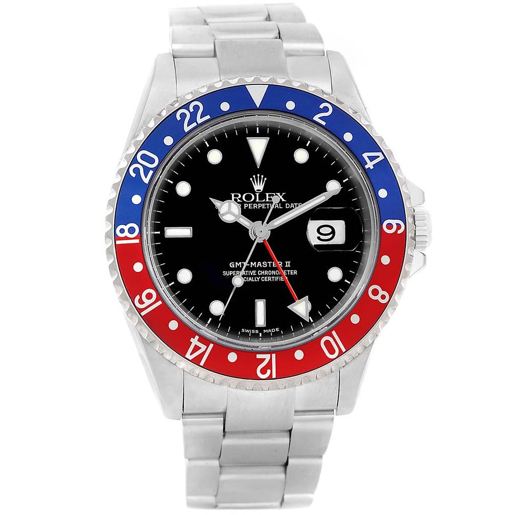 This image shows a front view of a Rolex GMT-Master 16710 Men's Stainless Steel Black Dial 16710 Men's Stainless Steel Black Dial II watch, highlighting the dial, bezel, and bracelet.