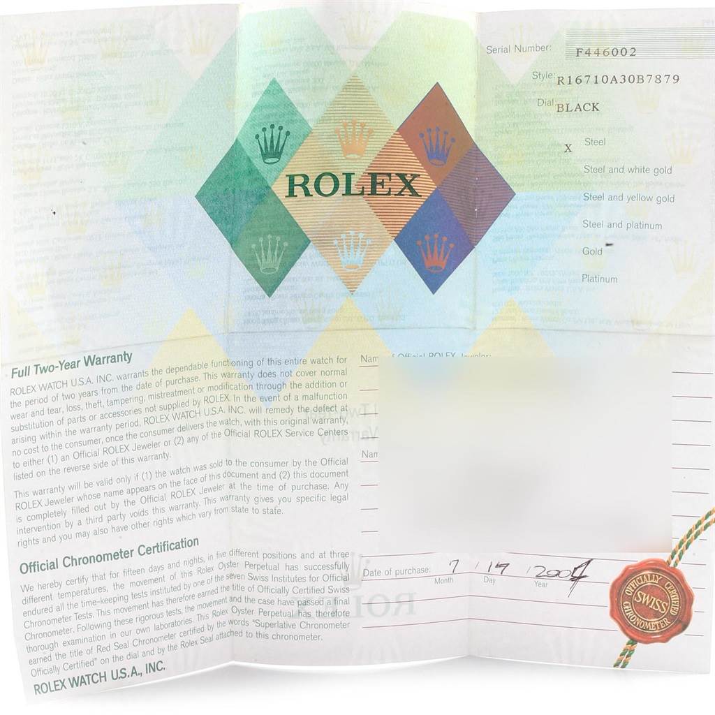 The image shows the warranty and certification papers for a Rolex GMT-Master 16710 Men's Stainless Steel Black Dial 16710 Men's Stainless Steel Black Dial watch, displaying model details and authenticity seals.