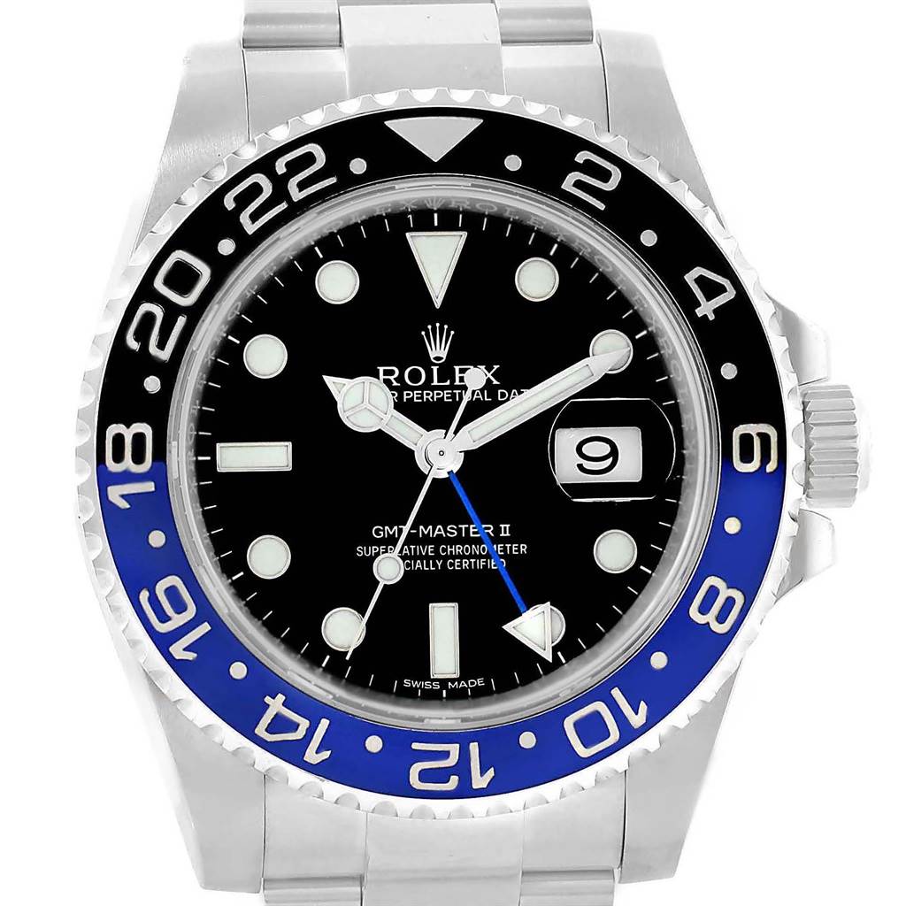 The image shows a front view of a Rolex GMT-Master 116710 Men's Stainless Steel Black Dial 116710 Men's Stainless Steel Black Dial II watch, displaying the dial, bezel, hands, and part of the bracelet.