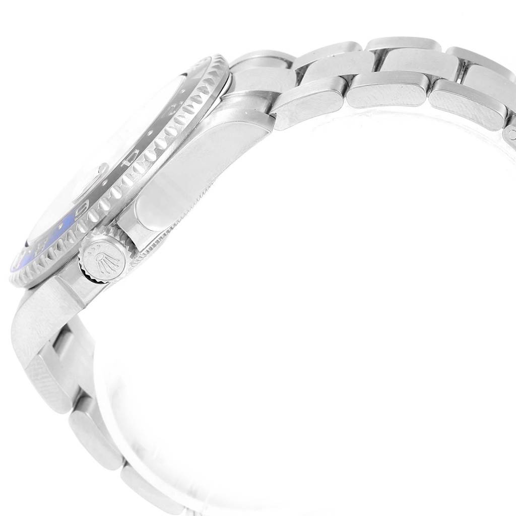 This image shows the side view of a Rolex GMT-Master 116710 Men's Stainless Steel Black Dial 116710 Men's Stainless Steel Black Dial watch, highlighting the crown, case, bezel, and part of the bracelet.