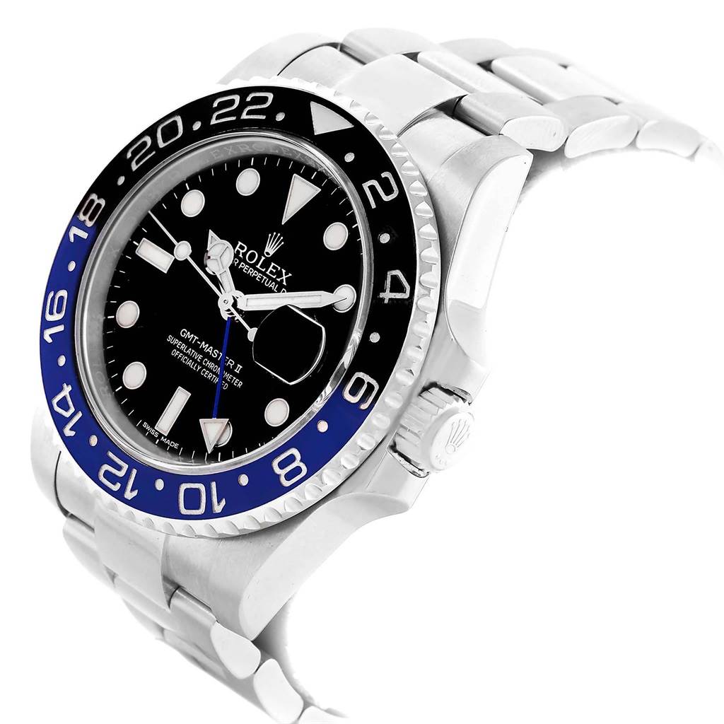 The image shows a side angle of the Rolex GMT-Master 116710 Men's Stainless Steel Black Dial 116710 Men's Stainless Steel Black Dial II watch, displaying the face, bezel, crown, and part of the bracelet.