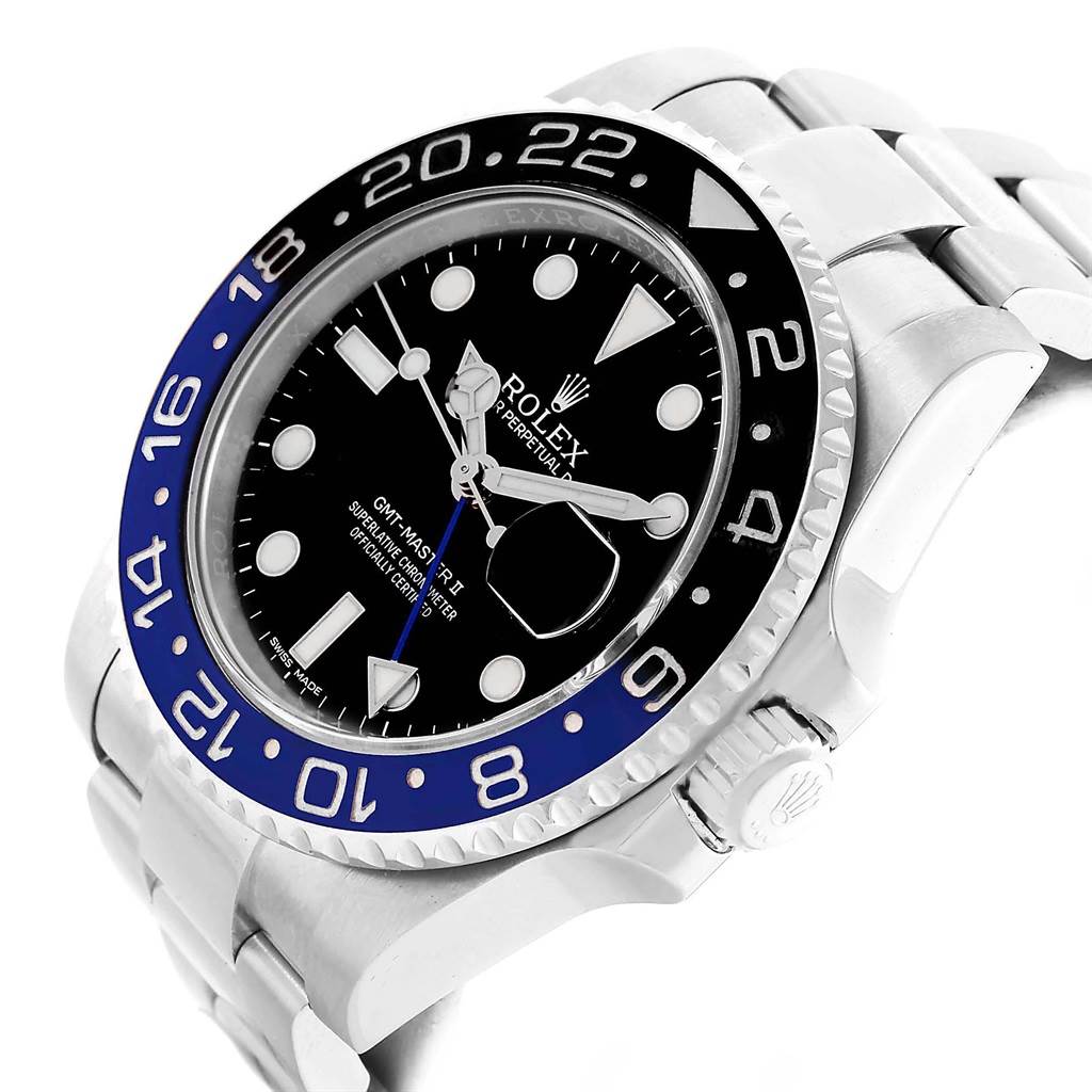 This image shows a Rolex GMT-Master 116710 Men's Stainless Steel Black Dial 116710 Men's Stainless Steel Black Dial watch at an angled front view, highlighting the bezel, dial, and part of the bracelet.