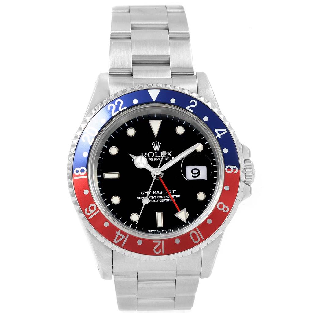 The image shows a straight-on view of a Rolex GMT-Master 16710 Men's Stainless Steel Black Dial 16710 Men's Stainless Steel Black Dial II watch, highlighting its bezel, dial, and bracelet.