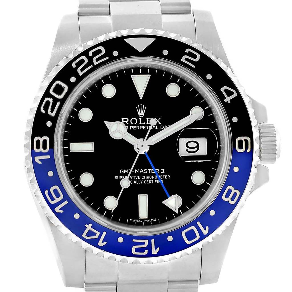 The image shows a front view of a Rolex GMT-Master 116710 Men's Stainless Steel Black Dial 116710 Men's Stainless Steel Black Dial II watch, highlighting the dial, hands, bezel, and part of the bracelet.