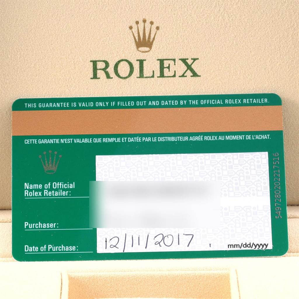The image shows the warranty card for a Rolex GMT-Master 116710 Men's Stainless Steel Black Dial 116710 Men's Stainless Steel Black Dial with the purchase date of 12/11/2017, along with the Rolex logo in the background.