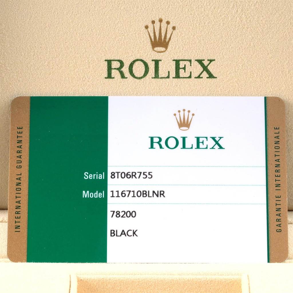 It shows the international guarantee card for a Rolex GMT-Master 116710 Men's Stainless Steel Black Dial 116710 Men's Stainless Steel Black Dial model 116710BLNR.