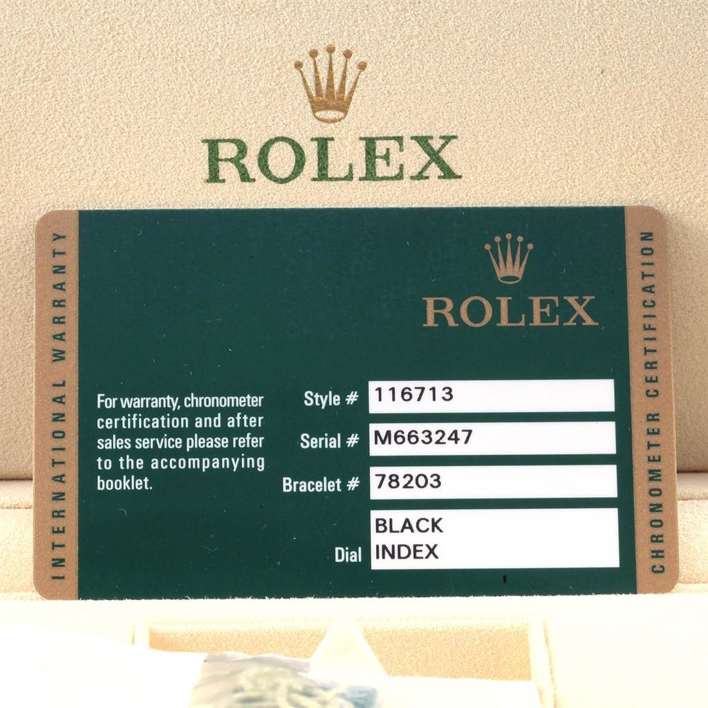 This image shows a Rolex warranty card for a GMT-Master model, displaying style, serial, bracelet numbers, and dial color.