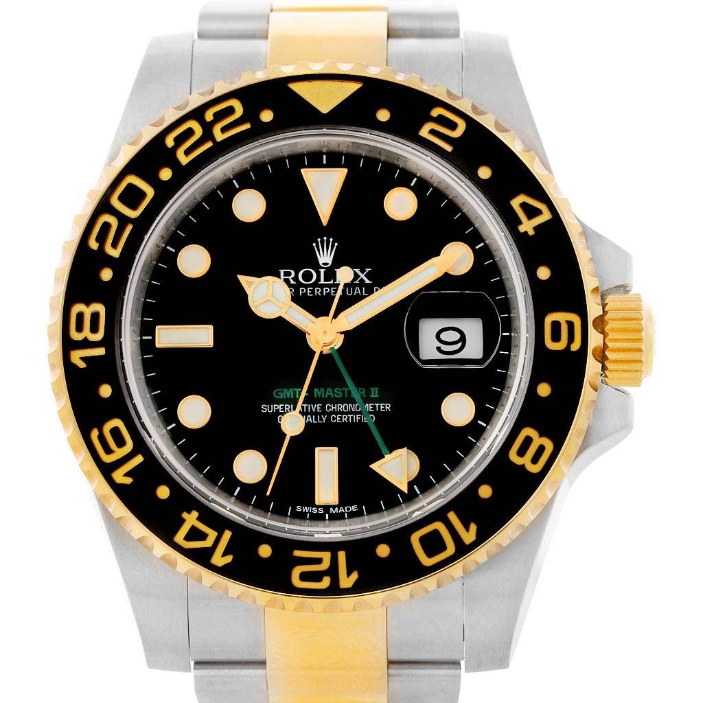 This image shows the front view of a Rolex GMT-Master 116713 Men
s Stainless Steel Black Dial 116713 Men
s Stainless Steel Black Dial II watch, displaying the bezel, dial, hands, and date window.